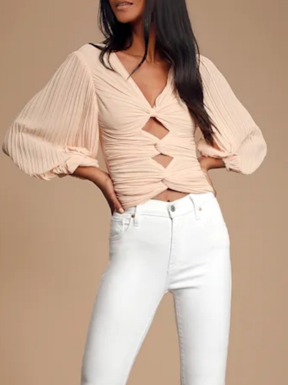 Lulus Win Again Blush Pleated Long Sleeve Knotted Top Size S Date Party Night
